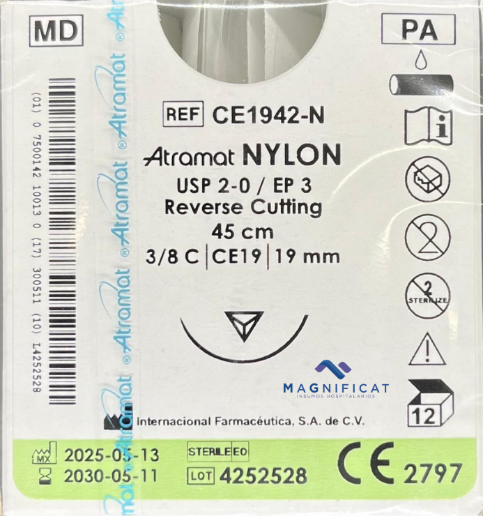 SUTURA NYLON 2-0 19MM 45CM CORTANTE C/12 CE1942-N ATRAMAT