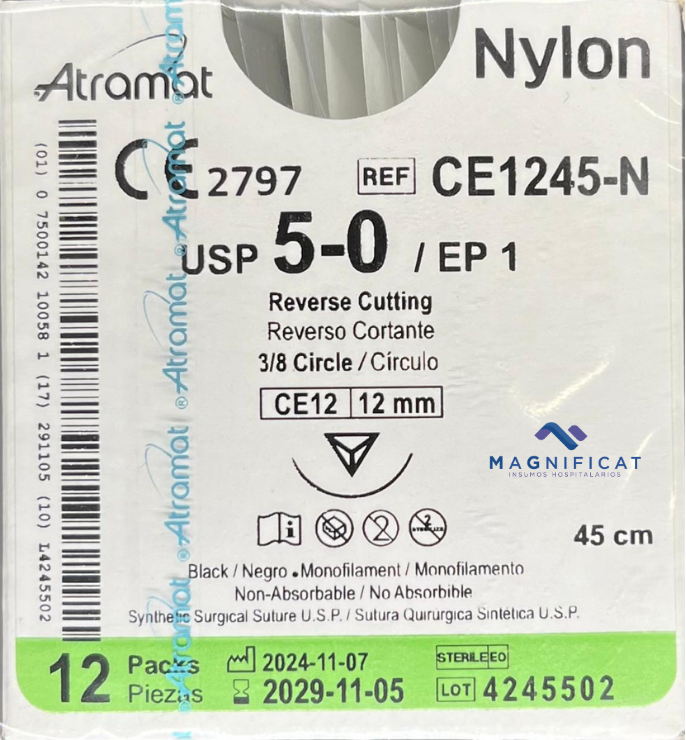 SUTURA NYLON 5-0 12MM 45CM CORTANTE C/12 CE1245-N ATRAMAT