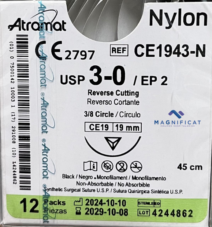 SUTURA NYLON 3-0 19MM 45CM CORTANTE C/12 CE1943-N ATRAMAT