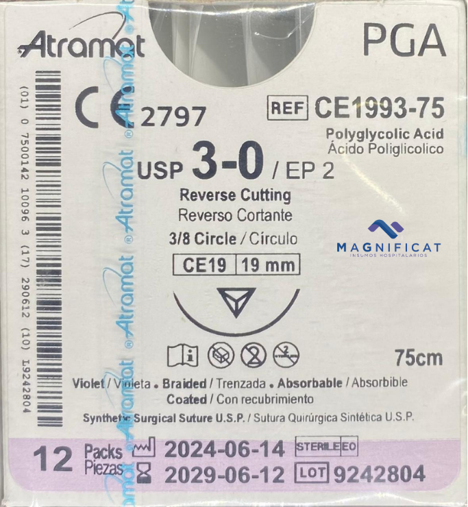 SUTURA PGA 3-0 19MM 75CM CORTANTE C/12 CE1993-75 ATRAMAT
