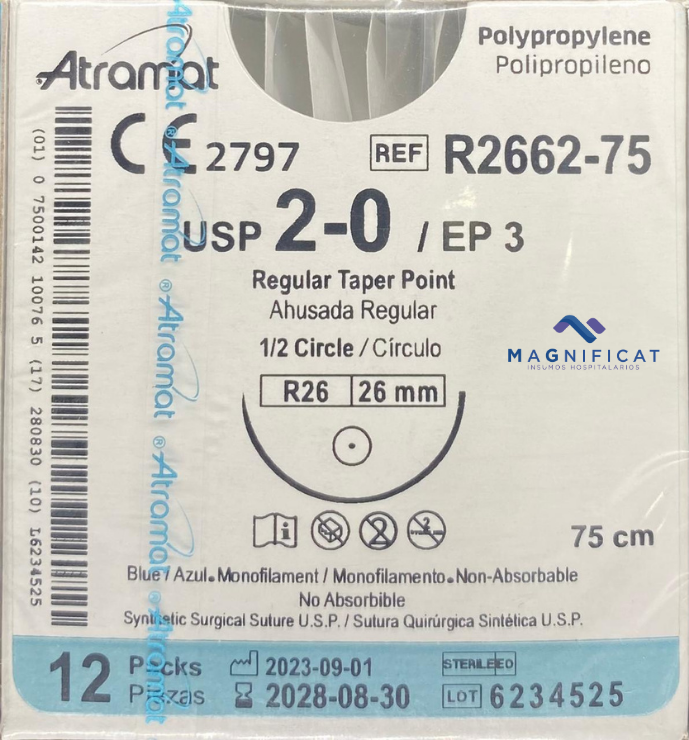 SUTURA POLIPROPILENO 2-0 26MM 75CM AHUSADA C/12 R2662-75 ATRAMAT
