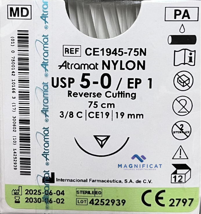SUTURA NYLON 5-0 19MM 75CM CORTANTE C/12 PE1945-75N PREM ATRAMAT