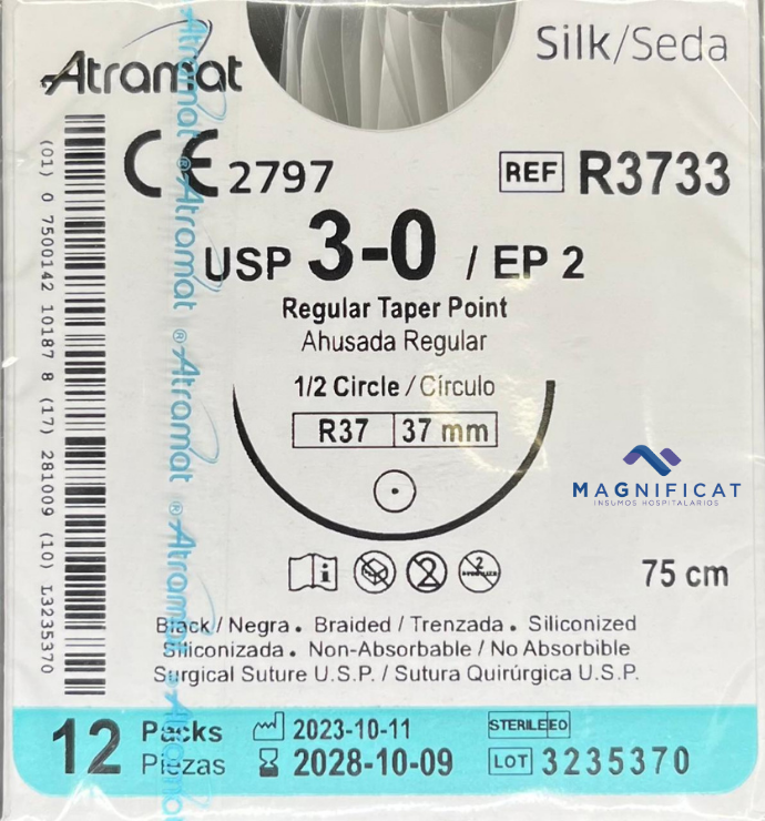 SUTURA SEDA 3-0 37MM 75CM AH C/12 R3733 ATRAMAT