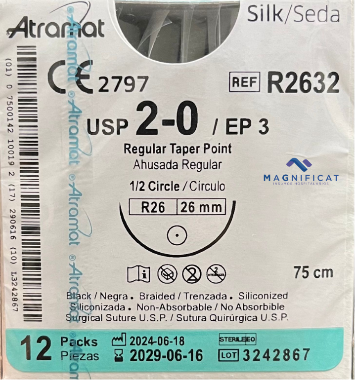 SUTURA SEDA 2-0 26MM 75CM R2 AHUSADA C/12 R2632 ATRAMAT