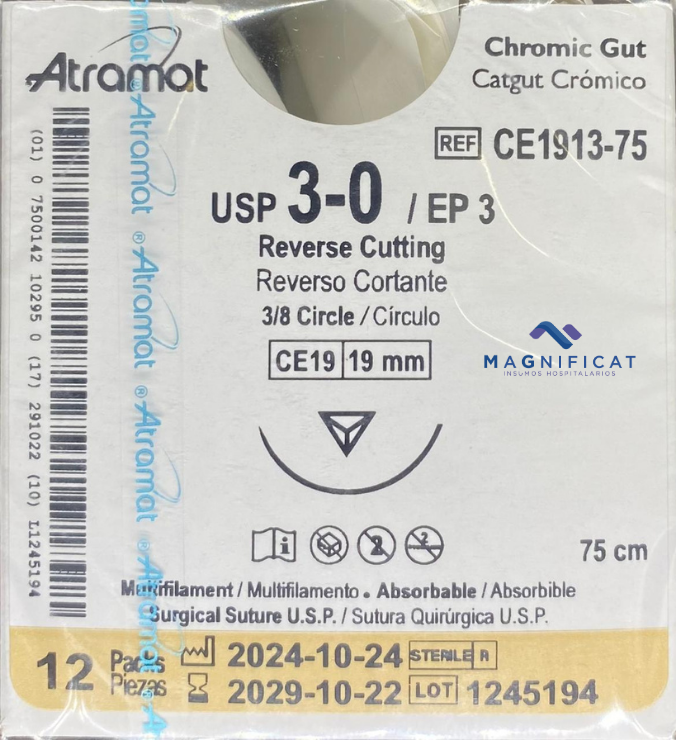 SUTURA CATGUT CROMICO 3-0 19MM 75CM CORTANTE C/12 CE1913-75 ATRAMAT