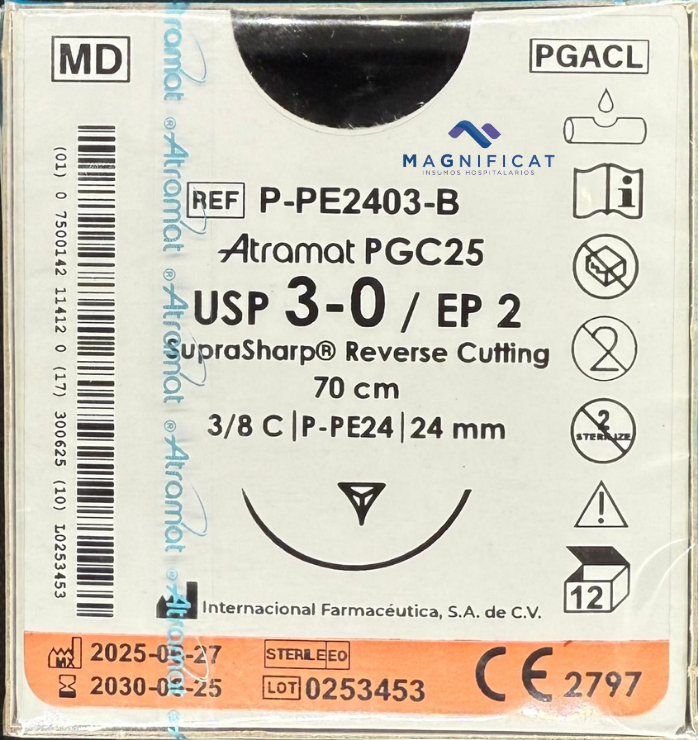 SUTURA PGC25 3-0 24MM 70CM C/12 PPE2403B CORTANTE INCOLORO SUPRASHRP