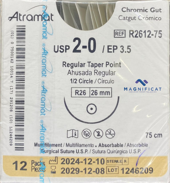 SUTURA CATGUT CROMICO 2-0 26MM 75CM AHUSADA C/12 R2612-75 ATRAMAT