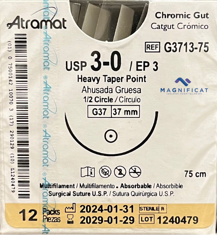 SUTURA CATGUT CROMICO 3-0 37MM 75CM AHUSADA C/12 G3713-75 ATRAMAT