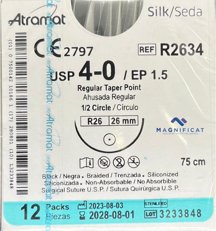 SUTURA SEDA 4-0 26MM 75CM AHUSADA C/12 R2634 ATRAMAT