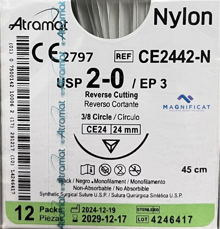 SUTURA NYLON 2-0 24MM 75CM CORTANTE C/12 CE2442-75 N ATRAMAT