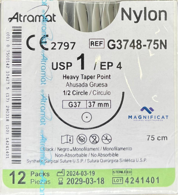SUTURA NYLON 1 37MM 75CM AHUSADA C/12 G3748-75N ATRAMAT