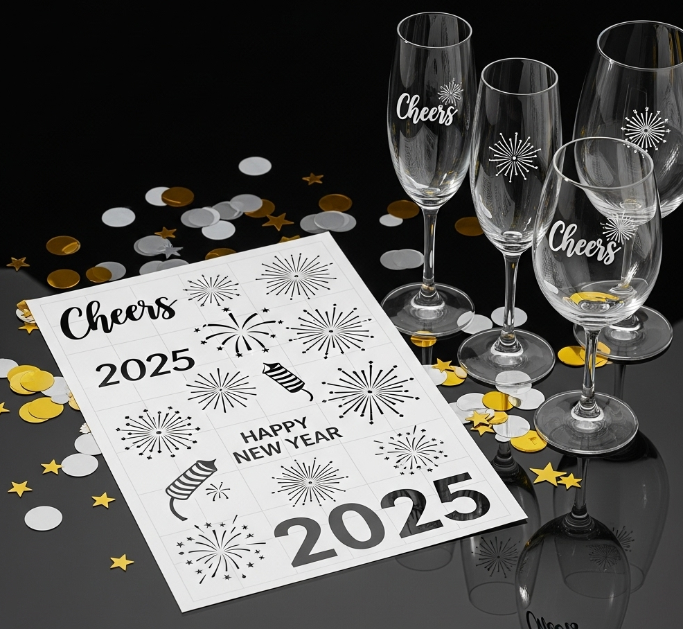 "Midnight Cheers" New Year's Wine Glass Vinyl Decal Set