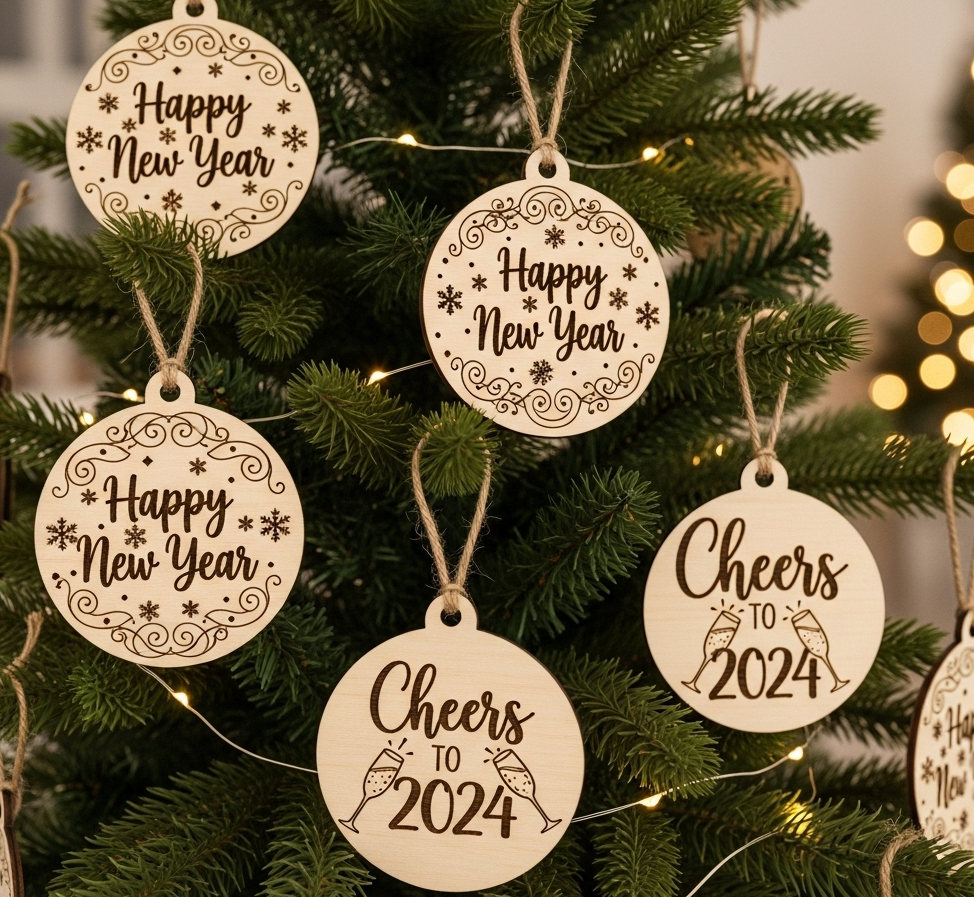 New Year's Engraved Wood Ornaments