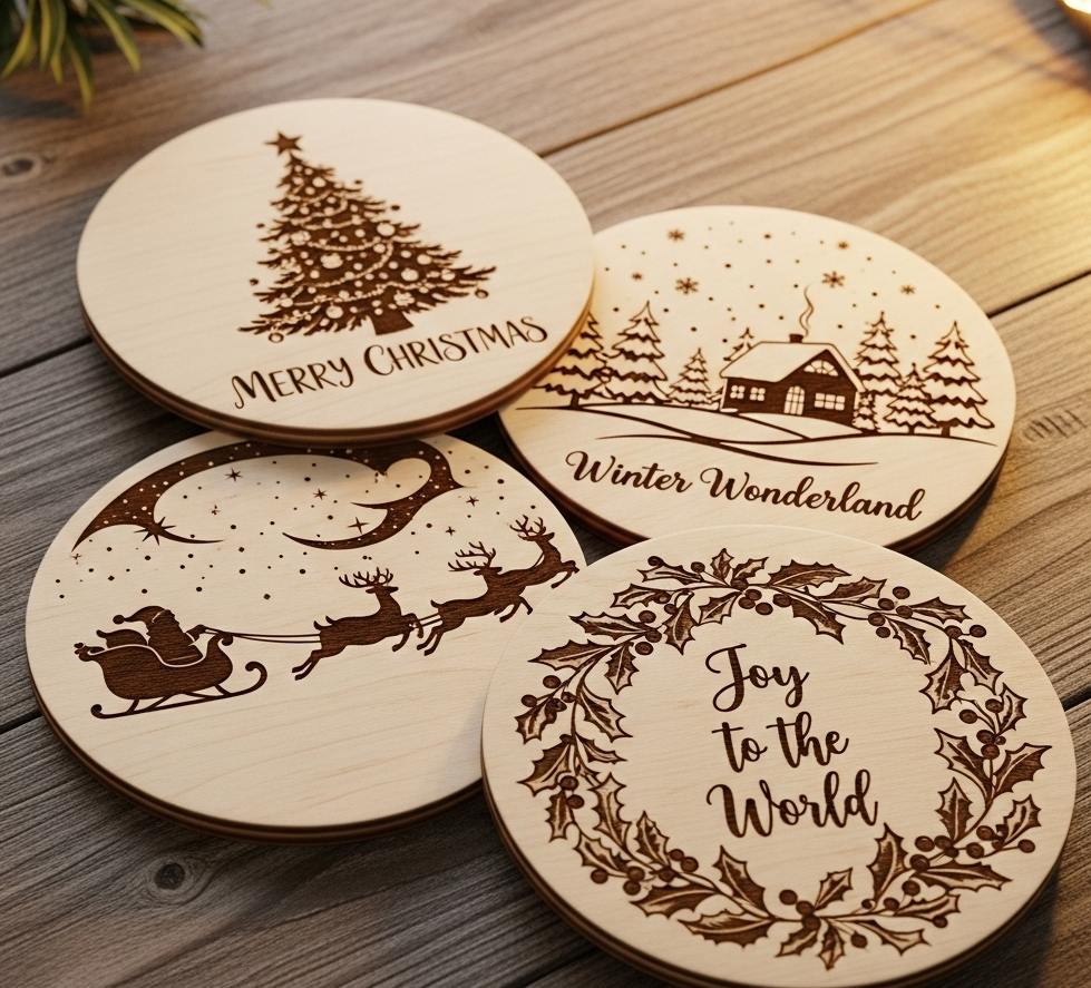 Laser-Engraved Wooden Christmas Coasters: A Festive Table Setting