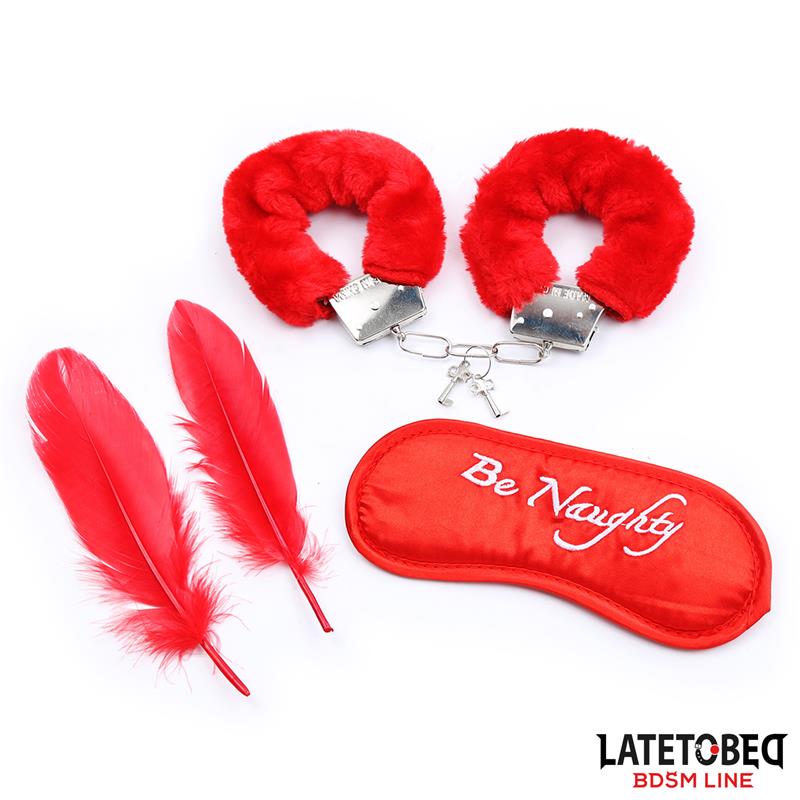 LATETOBED BDSM LINE SET DE 3 PIEZAS ANTIFAZ, PLUMAS Y ESPOSAS