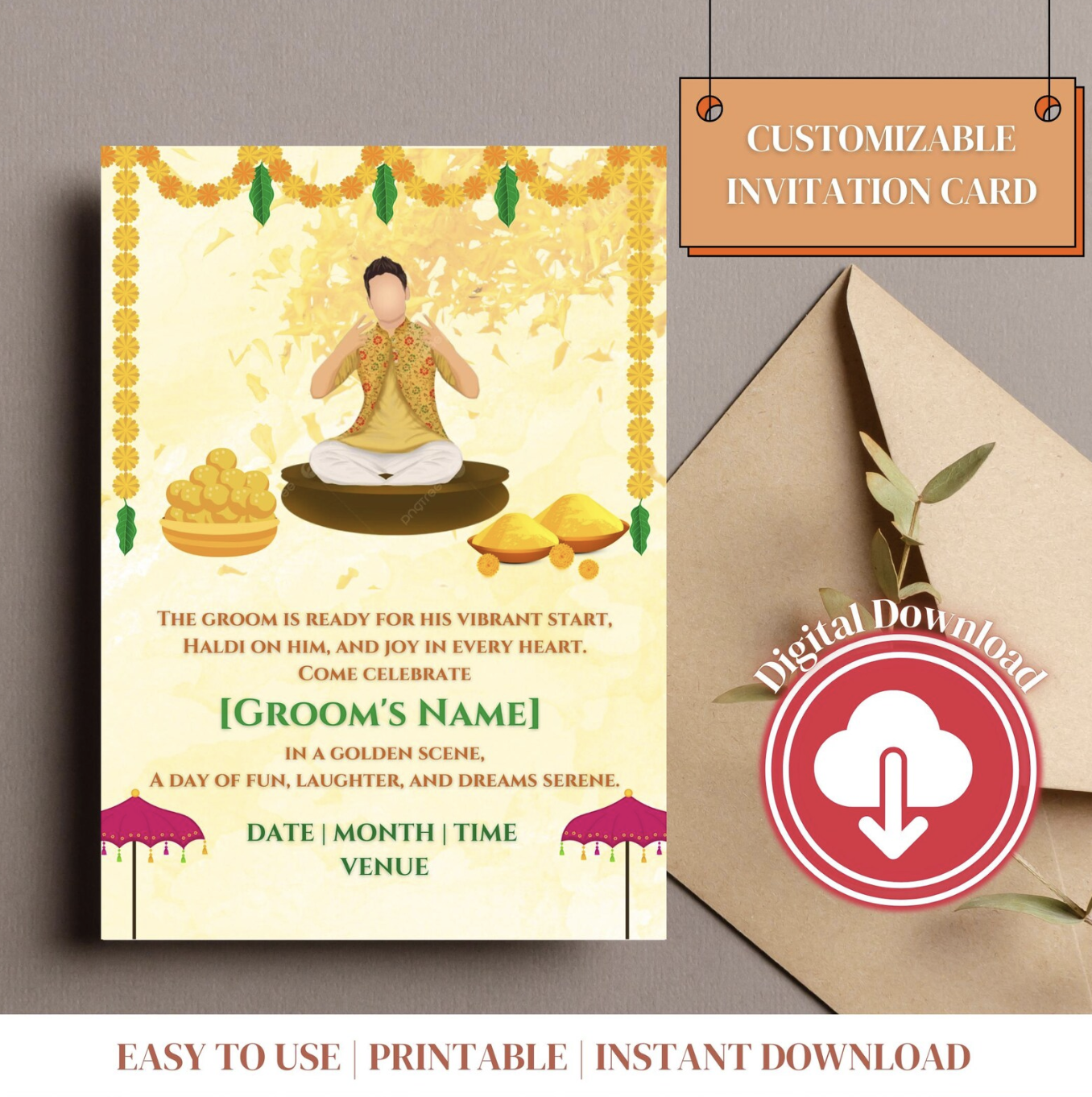 Haldi Ceremony Invitation for the Groom | Vibrant Yellow & Green Accents | Digital Design