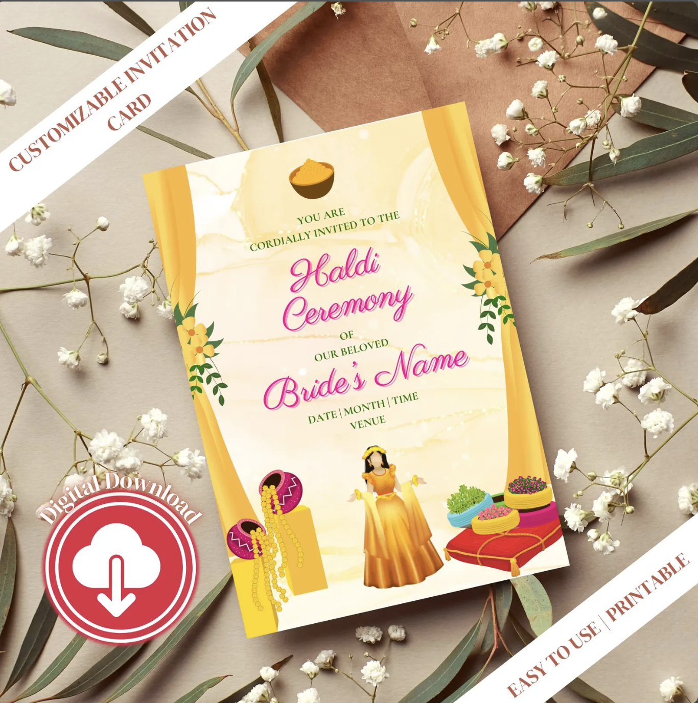 Haldi Ceremony Invitation for the Bride | Vibrant Yellow & Pink Accents | Digital Design