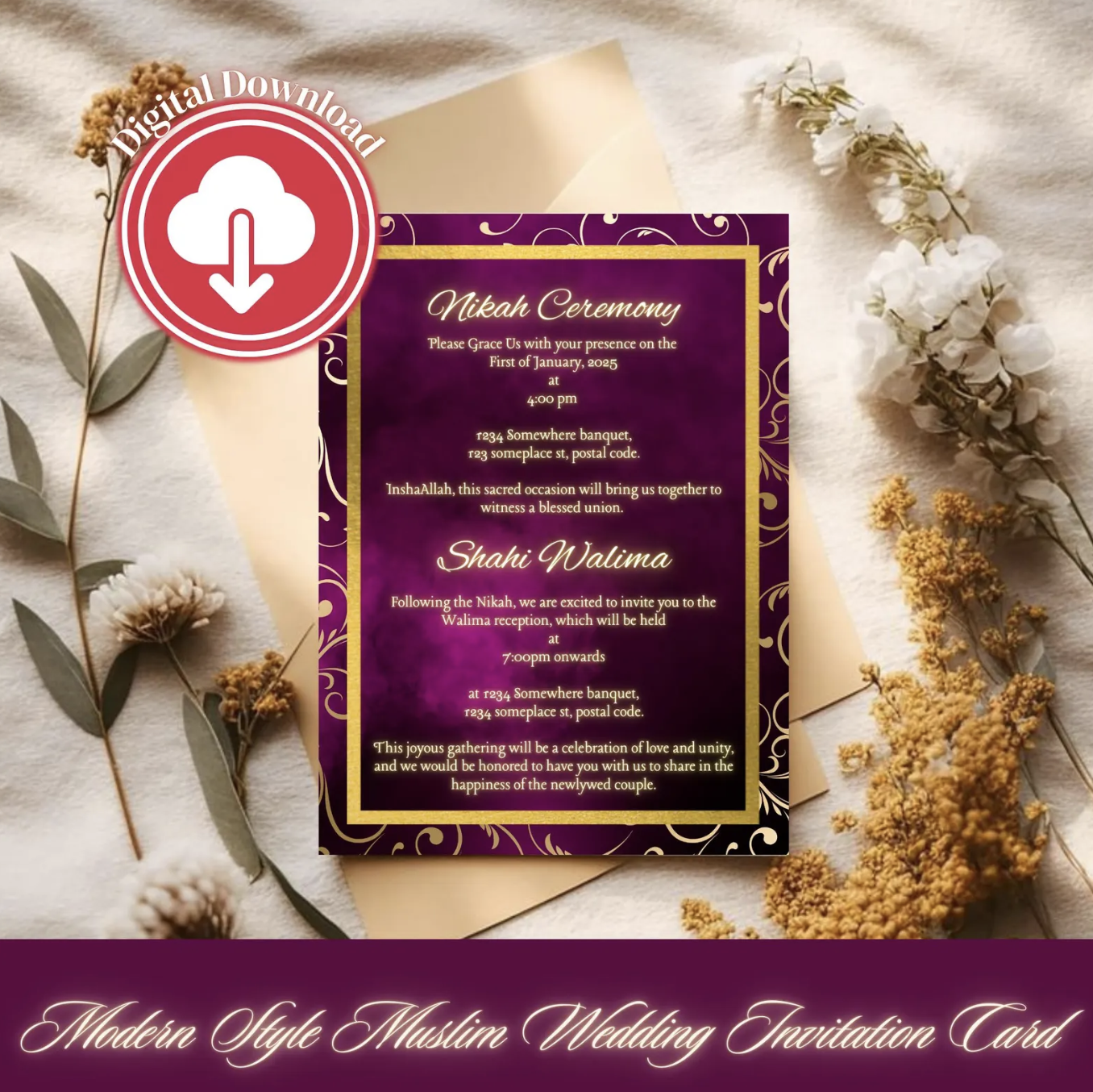 Elegant Muslim Wedding Invitation Set | Nikah & Shahi Walima | Personalized Digital Cards