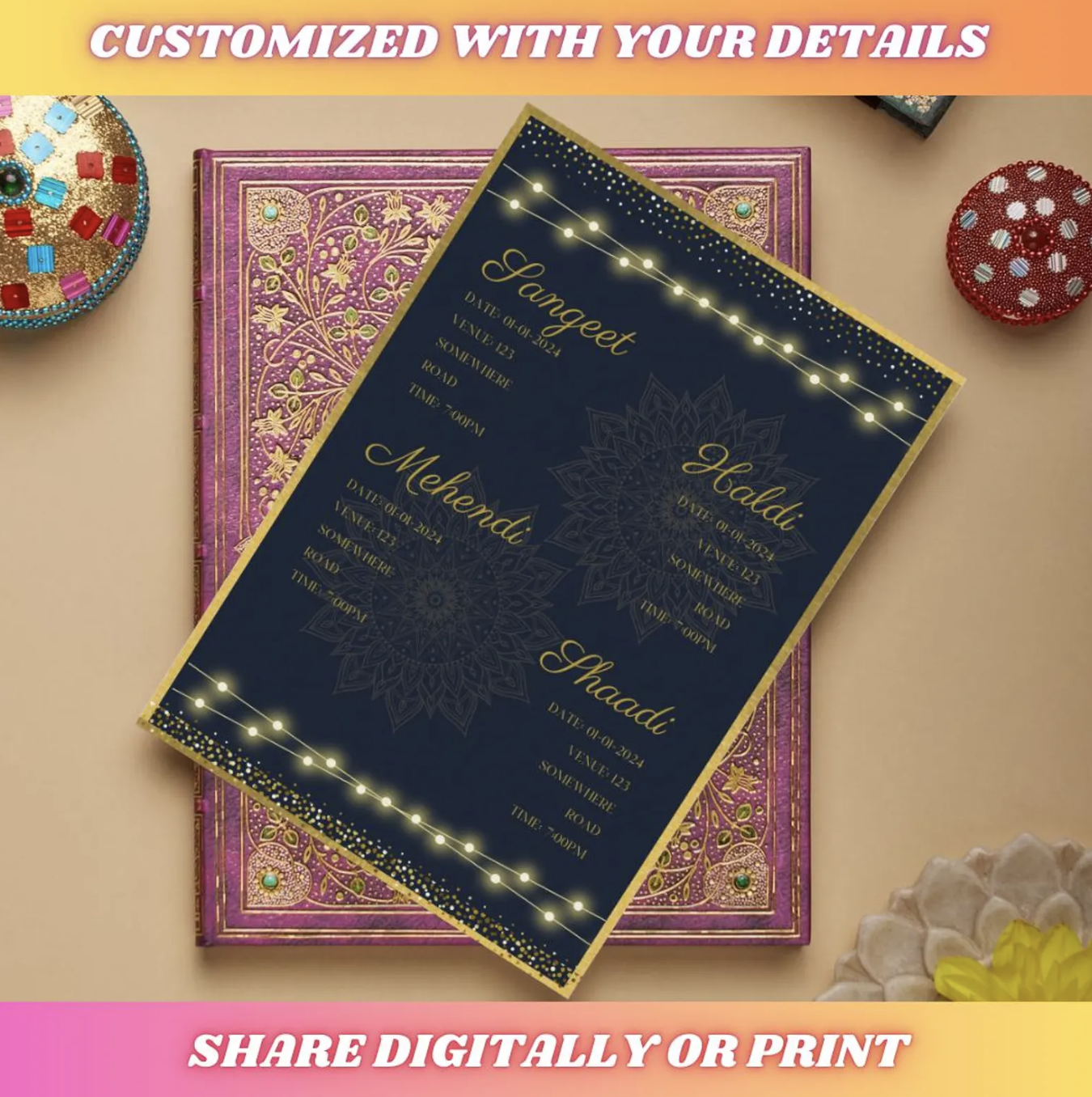 Traditional Indian Wedding Invitation Set | Sangeet, Haldi, Mehendi & Shaadi | Personalized Cards | Digital Download