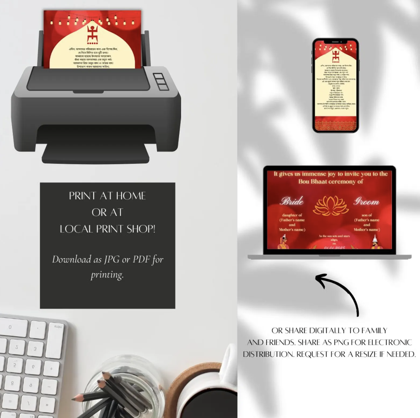 Modern Bengali Wedding Invitation Card | Bou Bhaat, Reception, or Wedding | Digital Download