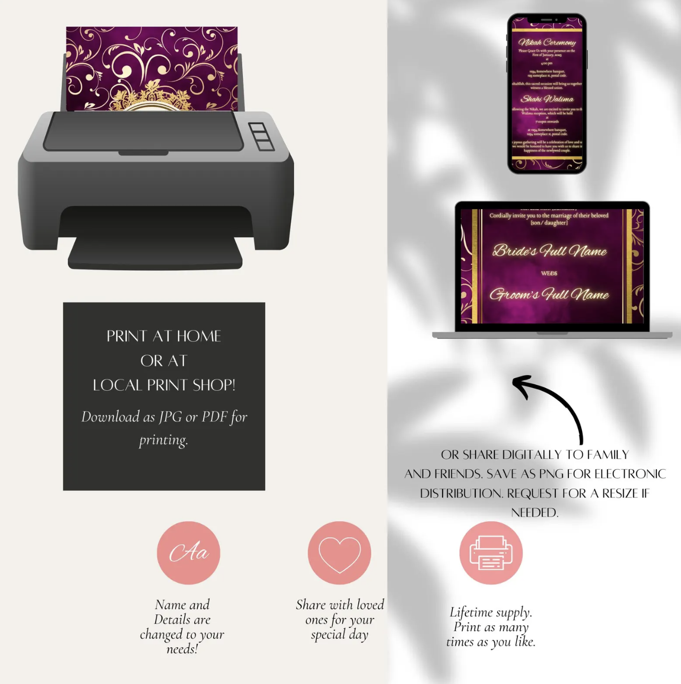 Elegant Muslim Wedding Invitation Set | Nikah & Shahi Walima | Personalized Digital Cards