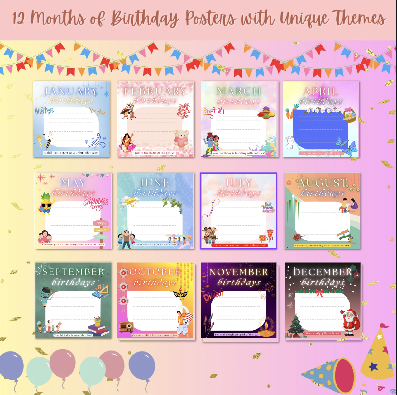 Monthly Student Birthdays Poster | Printable Classroom Chart with Fun Monthly Themes | Digital Download 