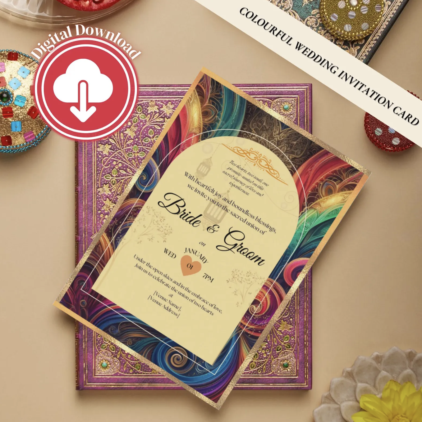 Colorful & Modern Indian Wedding Invitation | Multicolored Design with Traditional Hues | Digital Design