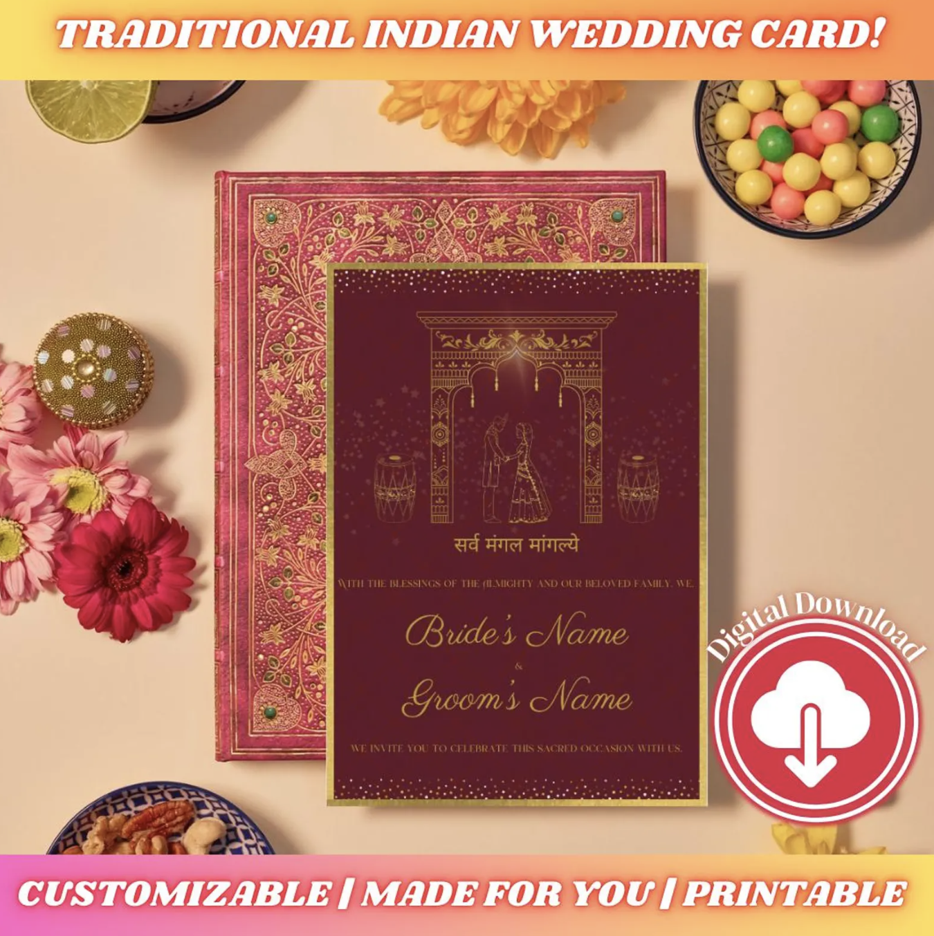 Traditional Indian Wedding Invitation Set | Sangeet, Haldi, Mehendi & Shaadi | Personalized Cards | Digital Download
