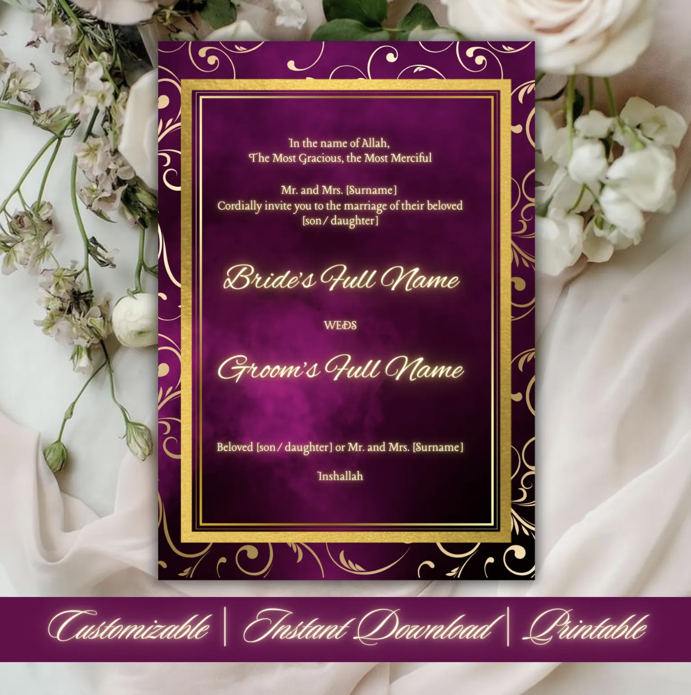 Elegant Muslim Wedding Invitation Set | Nikah & Shahi Walima | Personalized Digital Cards