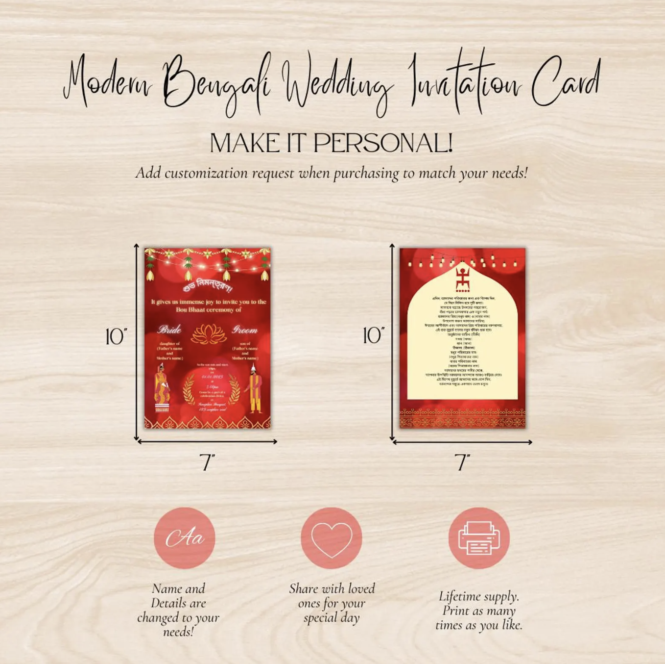 Modern Bengali Wedding Invitation Card | Bou Bhaat, Reception, or Wedding | Digital Download