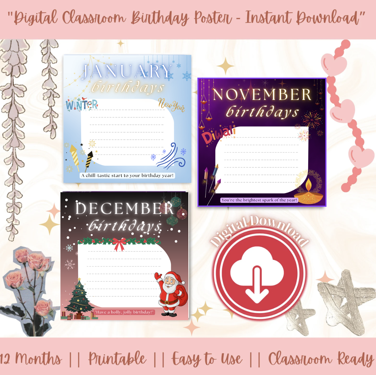 Monthly Student Birthdays Poster | Printable Classroom Chart with Fun Monthly Themes | Digital Download