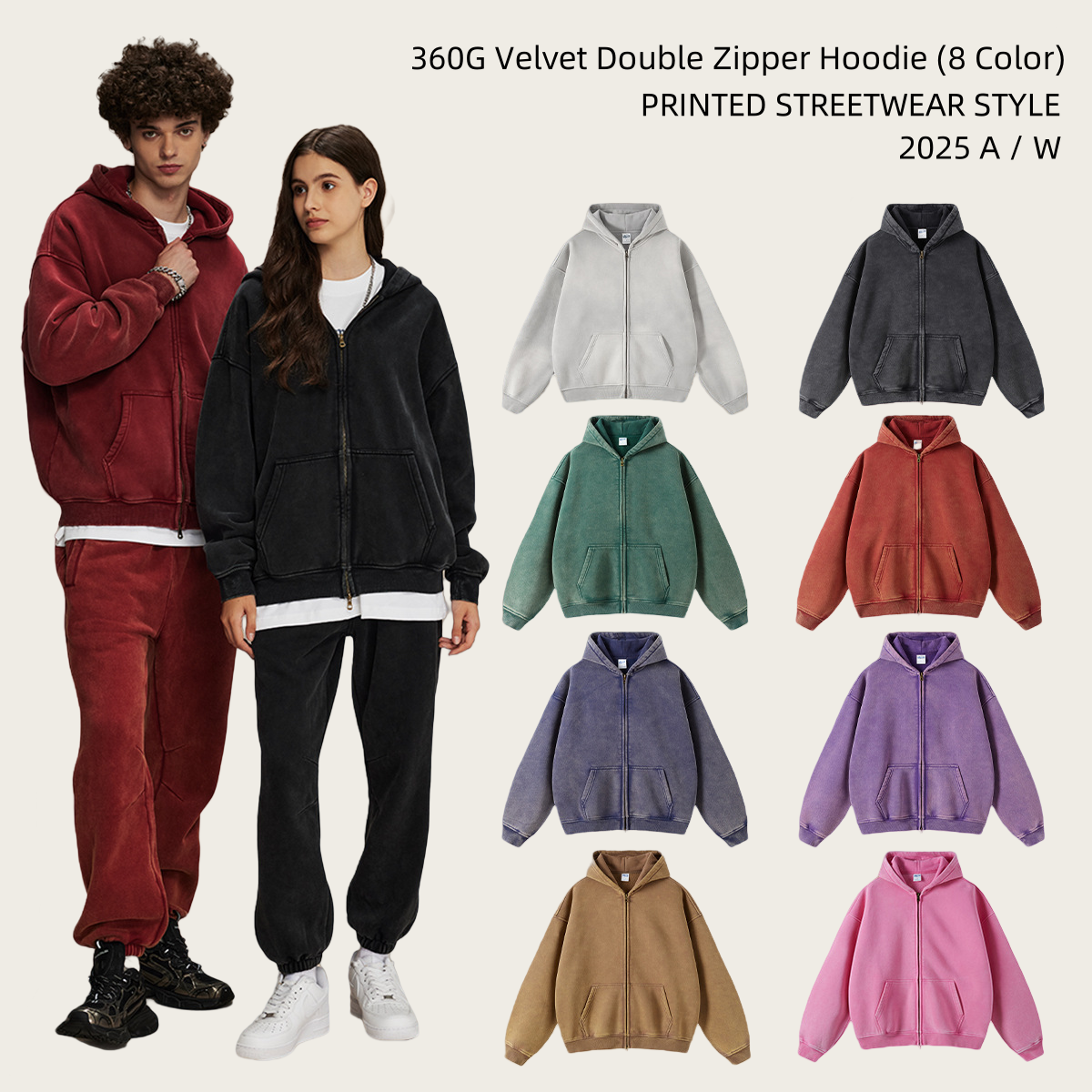 360G Velvet Double Zipper Hoodie #2663