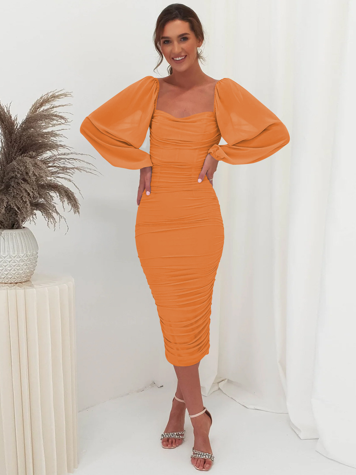 Elegant Green Ruched Midi Dress