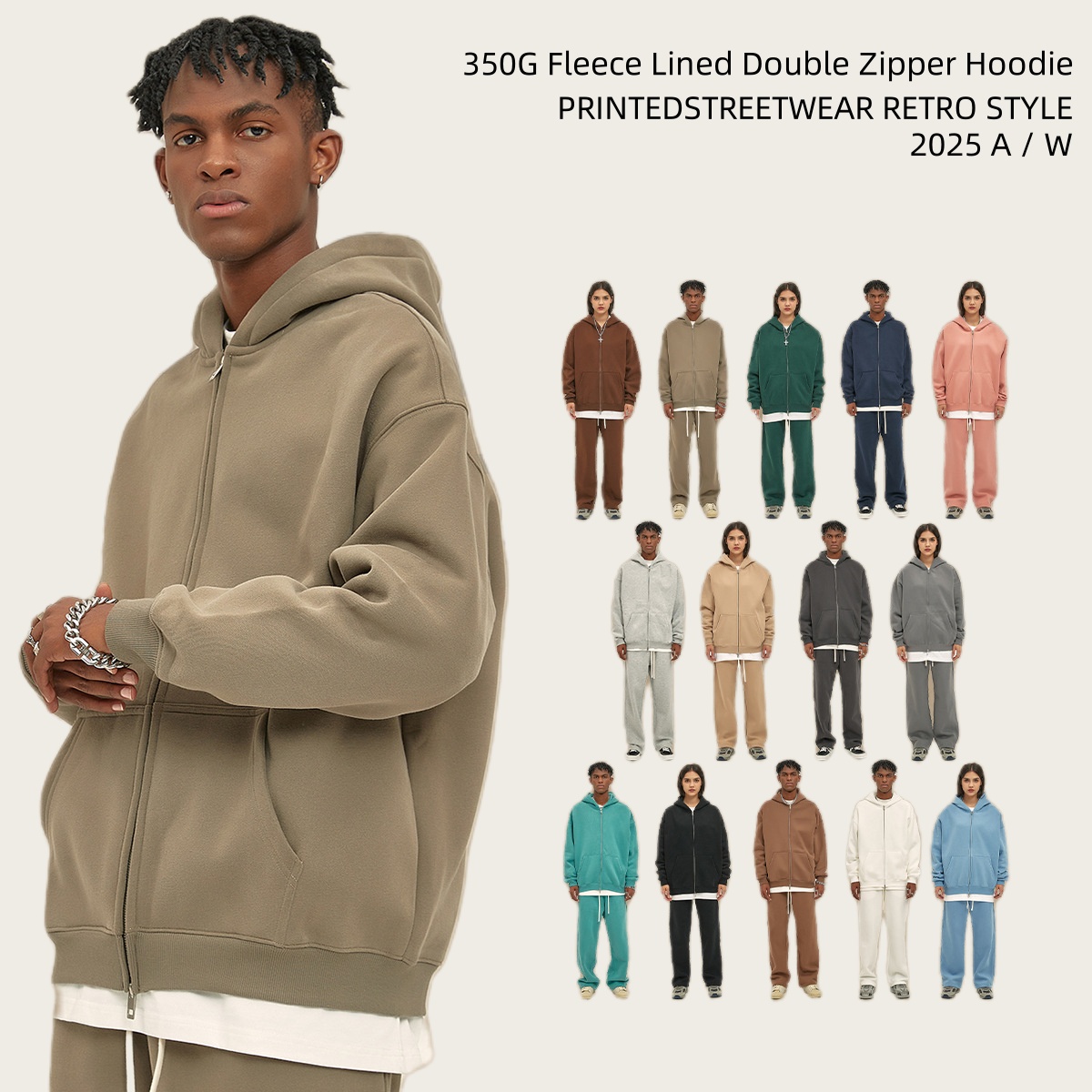 350G Fleece Lined Double Zipper Hoodie #2519