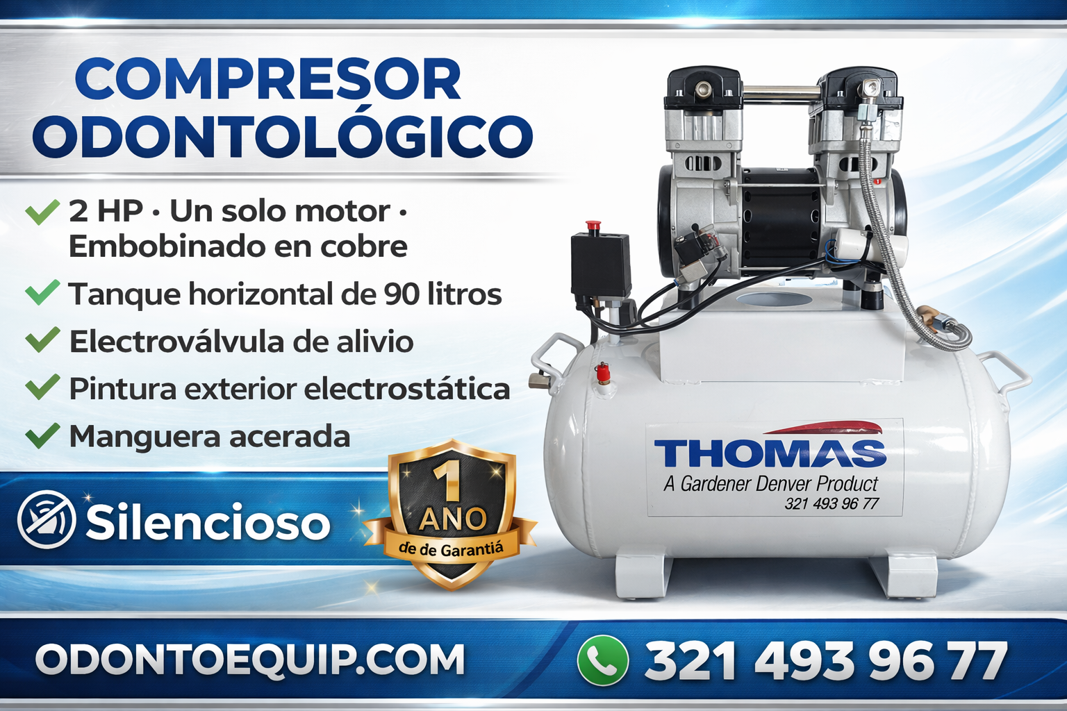 Compresor Odontologico 2Hp Un motor vertical