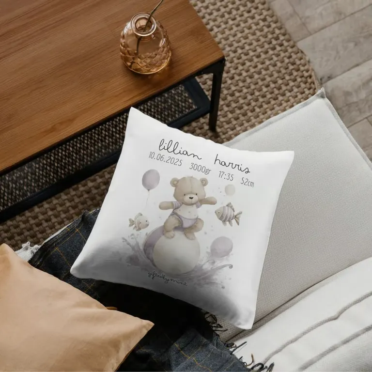 Personalised Teddy Bear Baby Birth Pillow Case