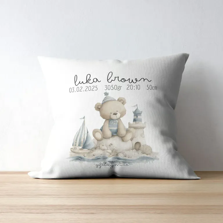 Personalised Teddy Bear Baby Birth Pillow Case