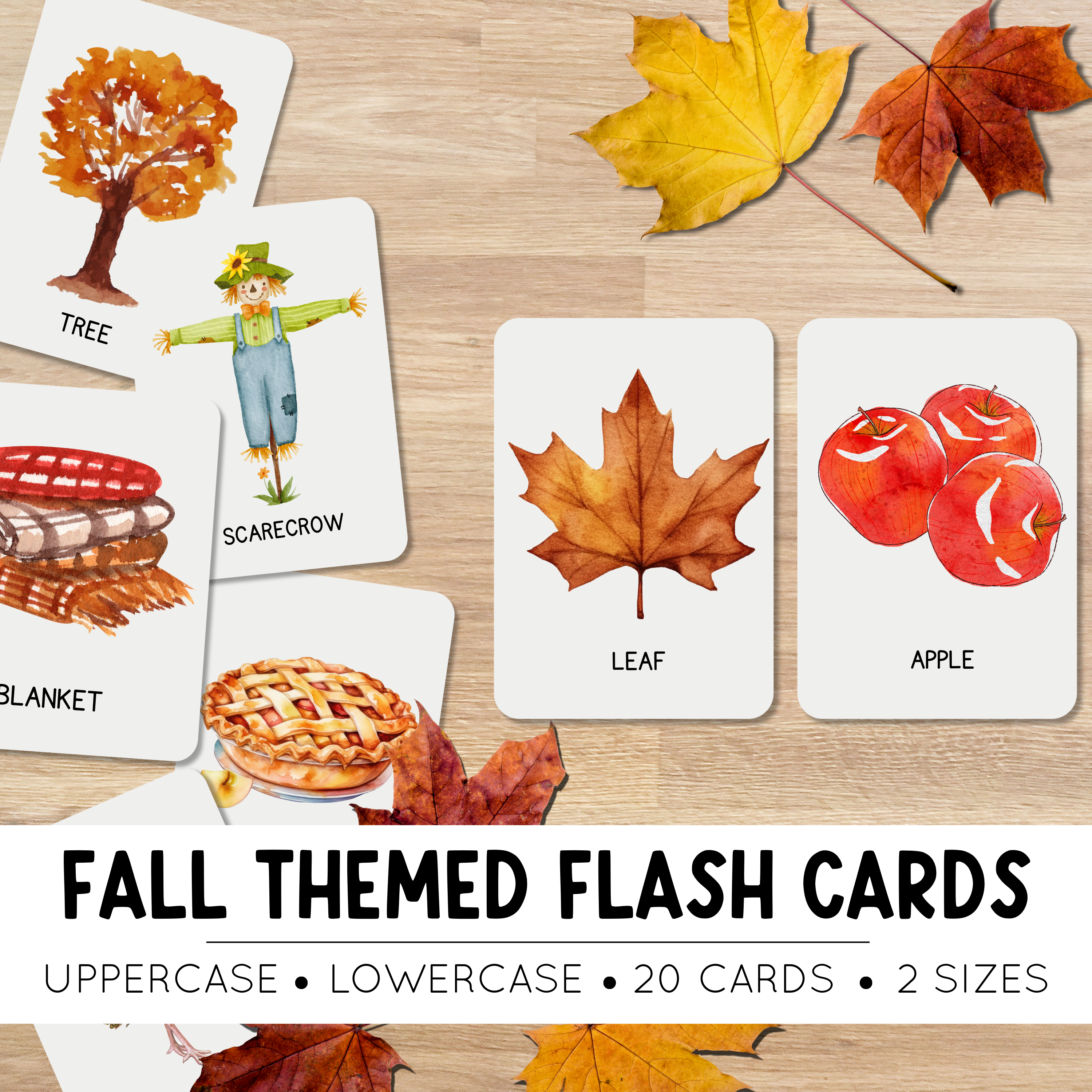 Printable Autumn Flashcards | Uppercase & Lowercase Alphabet Cards | Fall Themed Learning | Montessori Inspired | 20 Cards | 2 Sizes