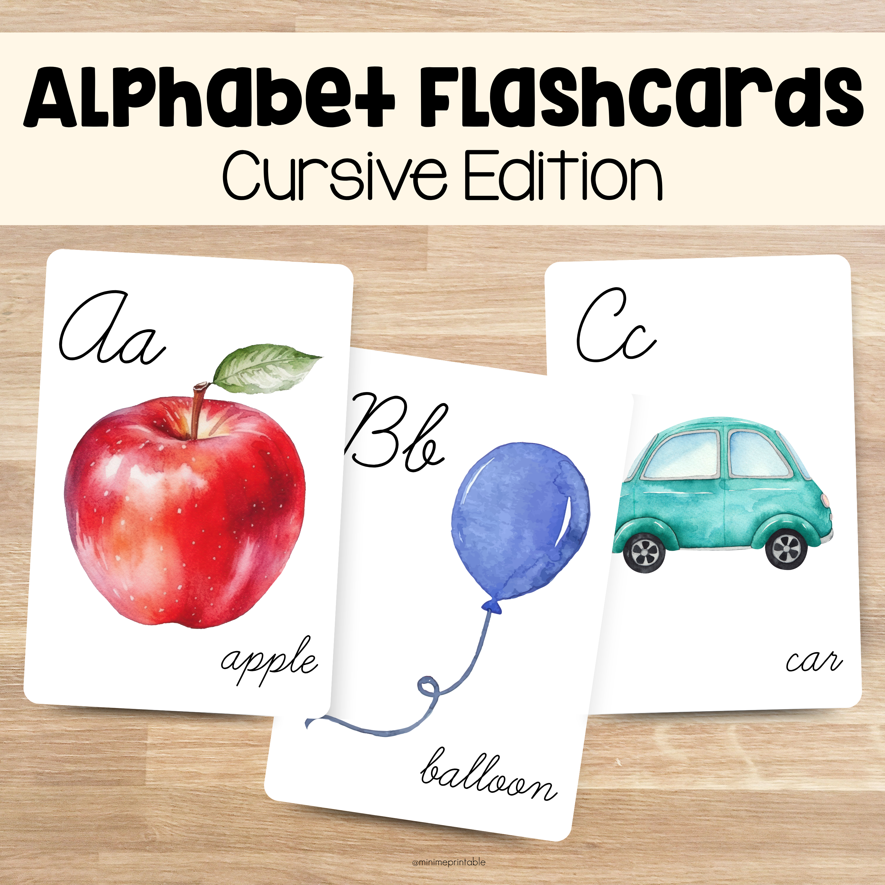 Cursive Edition Alphabet Flashcards | Uppercase & Lowercase Letters with Illustrations | 2 Size Option