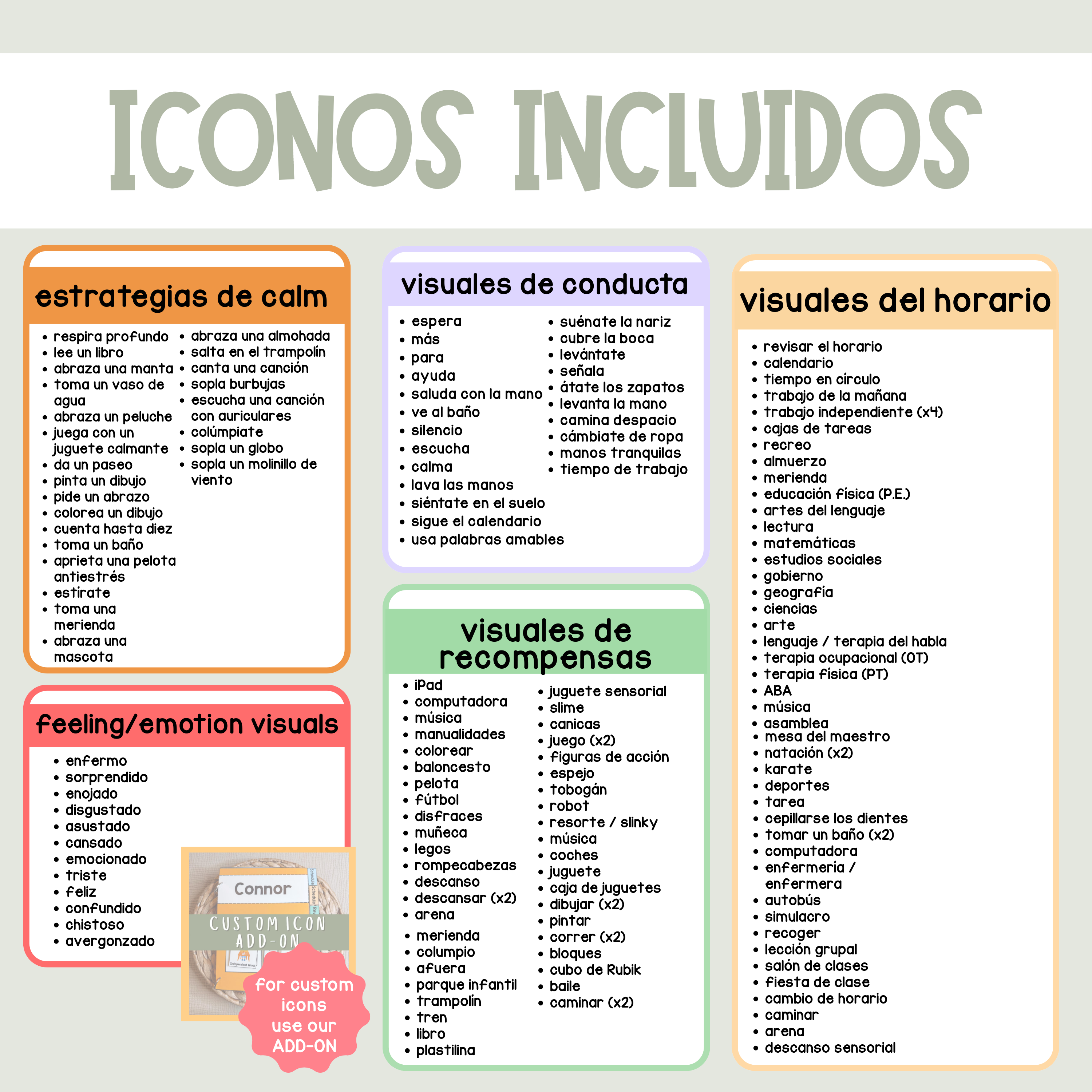 Libro de Comunicación Visual para Horarios, Refuerzos, Estrategias de Calma y Apoyo Conductual- Visual Communication Book for SpED