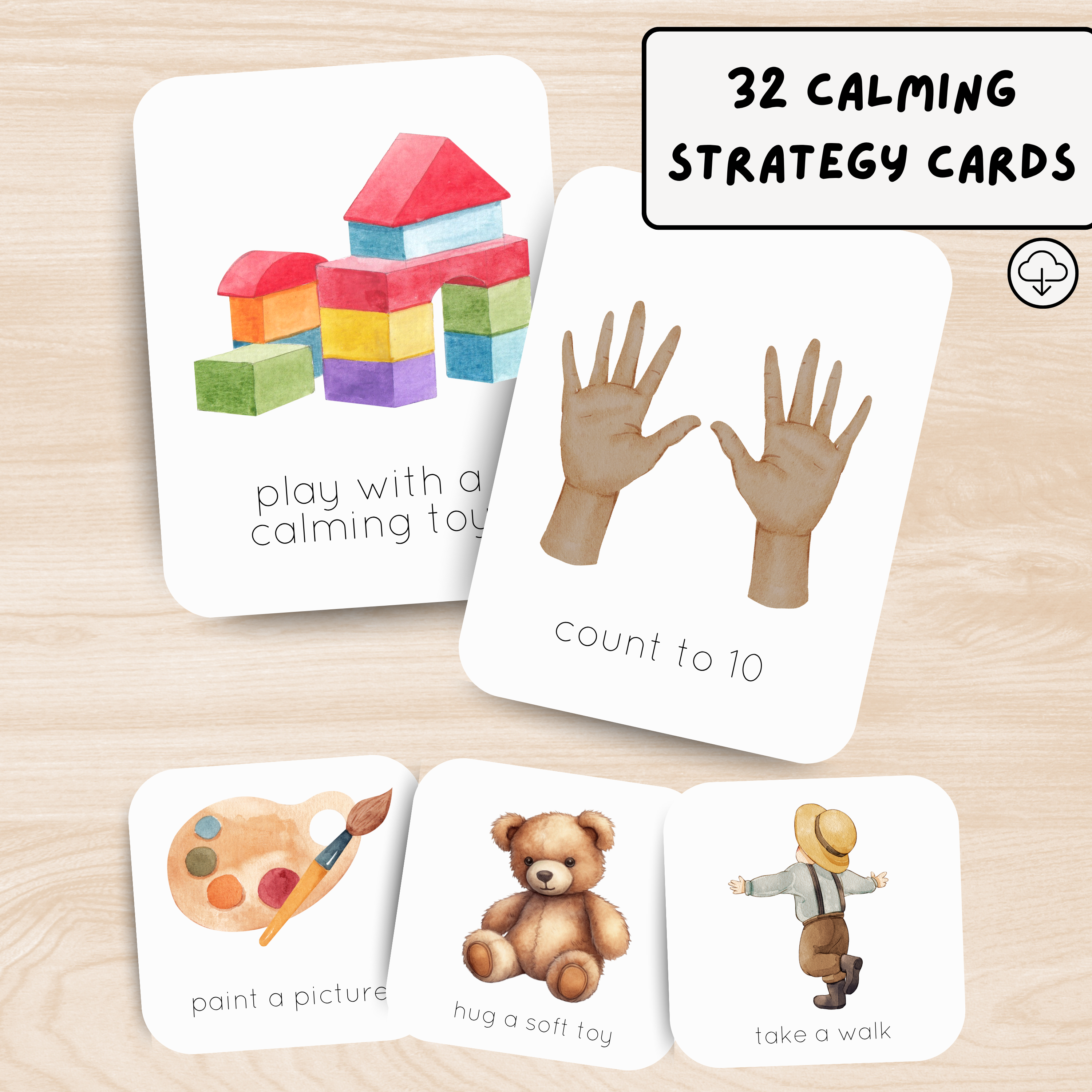Printable Calming Strategy Cards for Kids – Special Education Friendly (32 Cards, 2 Versions)