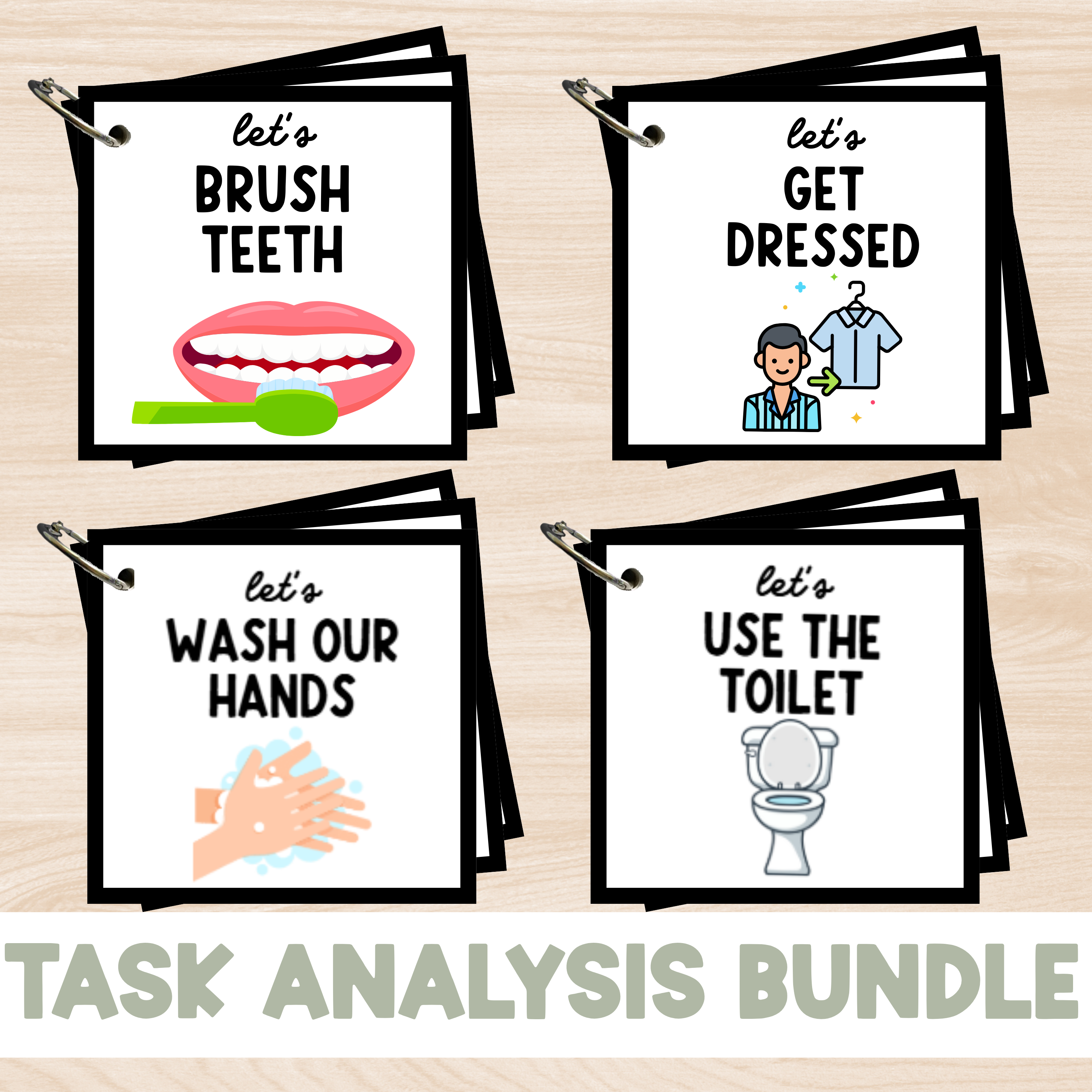 Daily Routine Task Analysis Cards – Visual Bundle Pack (Getting Dressed, Brushing Teeth, Washing Hands, Toilet Training)