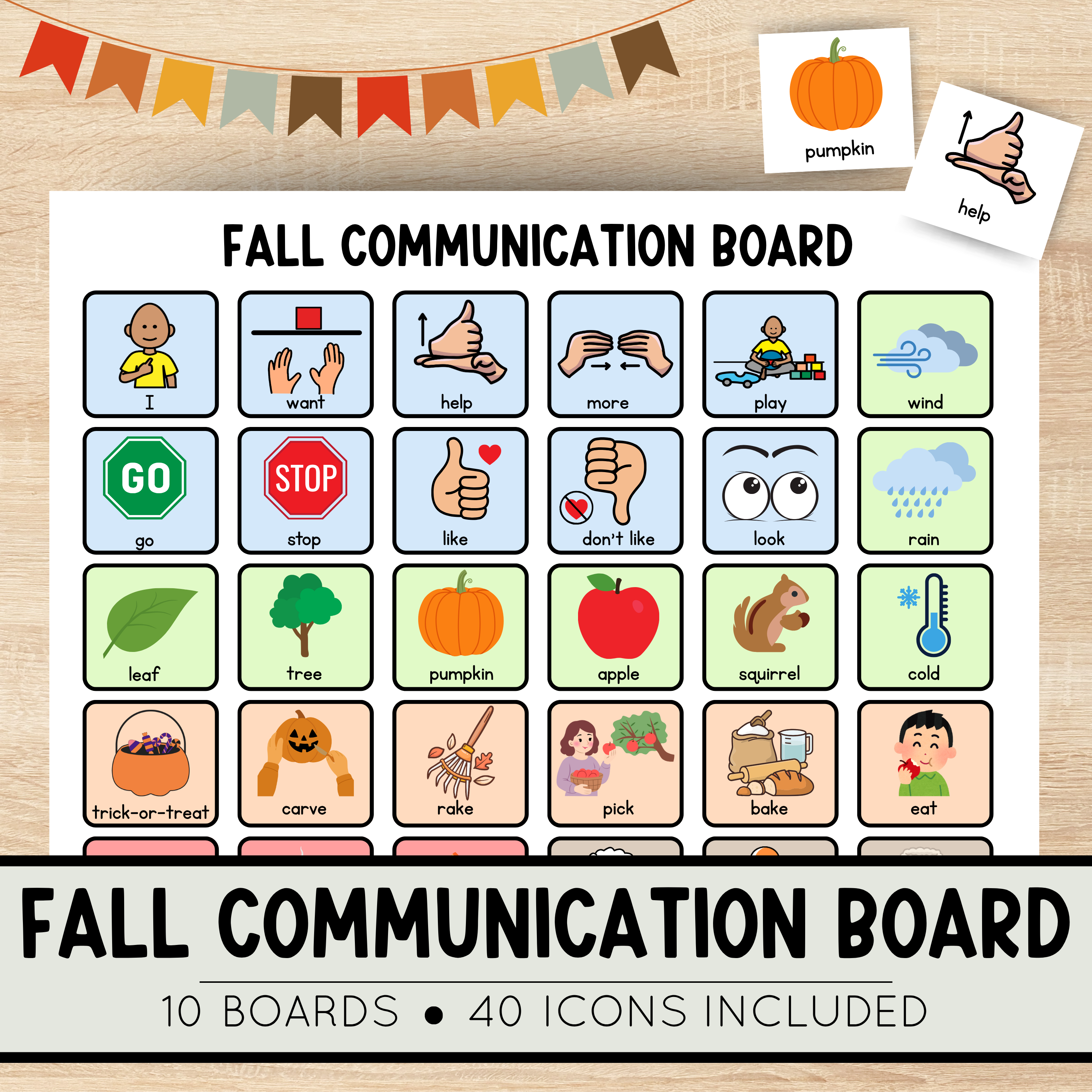 Fall Communication Board Printable – 10 Boards & 40+ Icons- Color-Coded AAC Visuals 