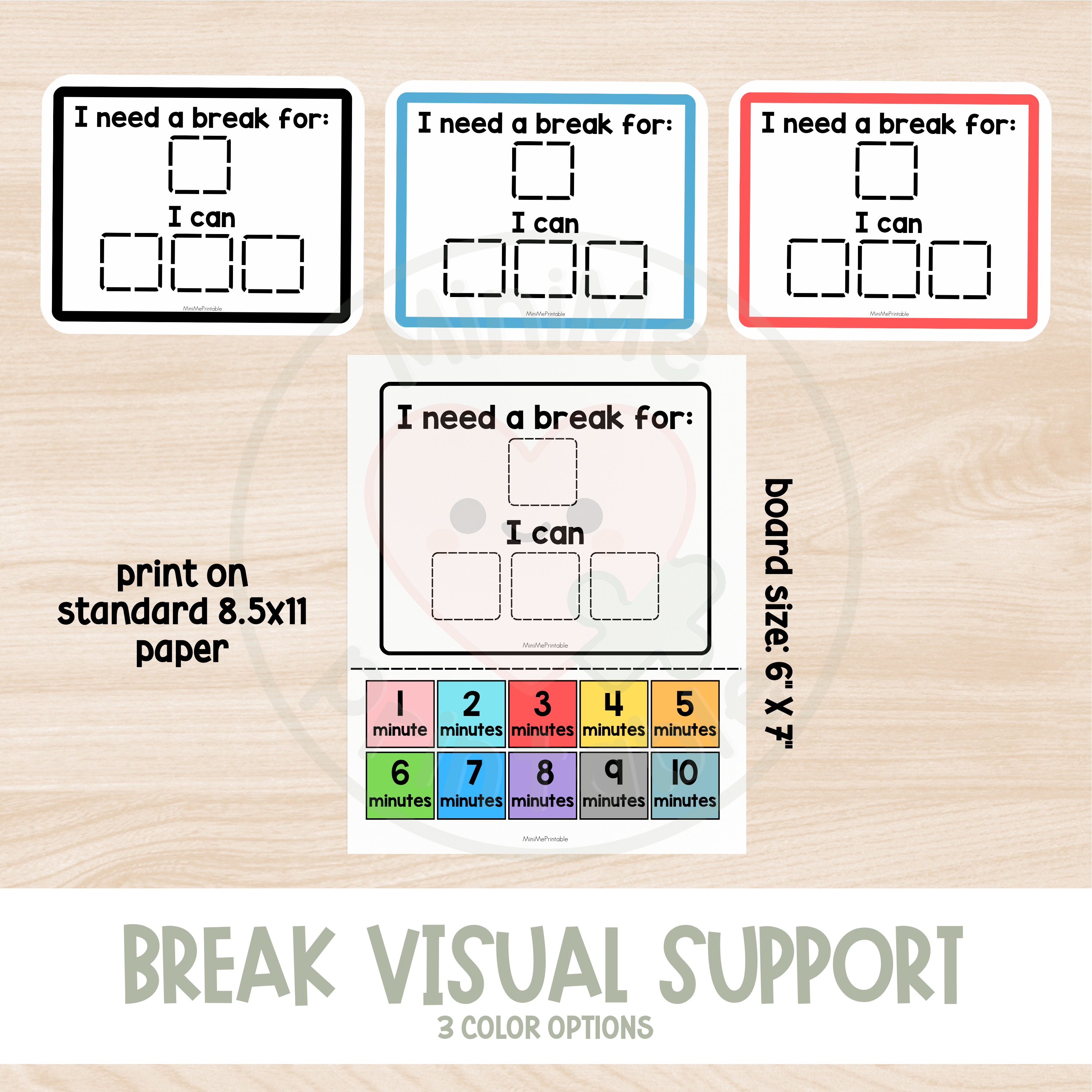 I need a Break Visual Support Chart with Calming Strategy Icons and Time Tracker 