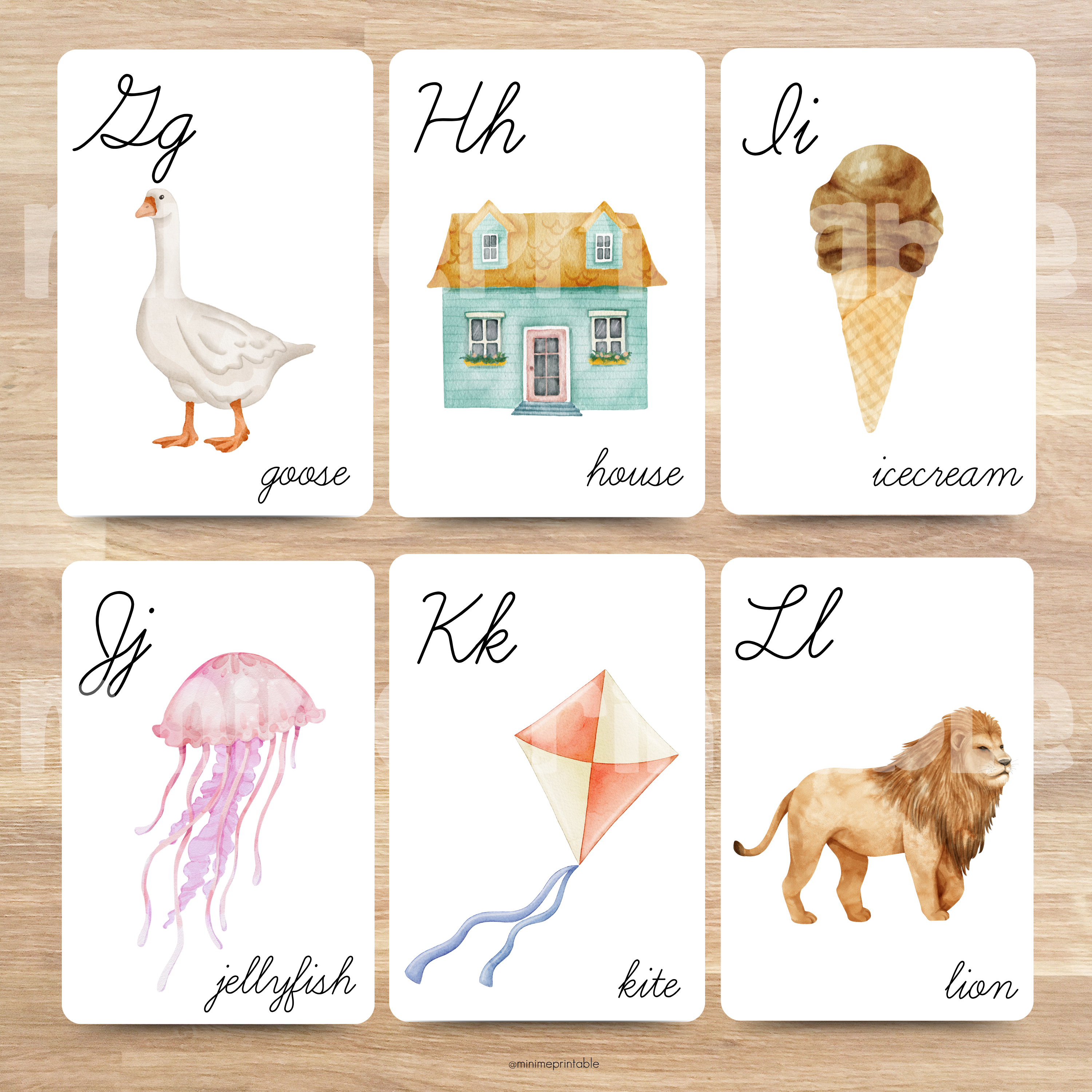 Cursive Edition Alphabet Flashcards | Uppercase & Lowercase Letters with Illustrations | 2 Size Option
