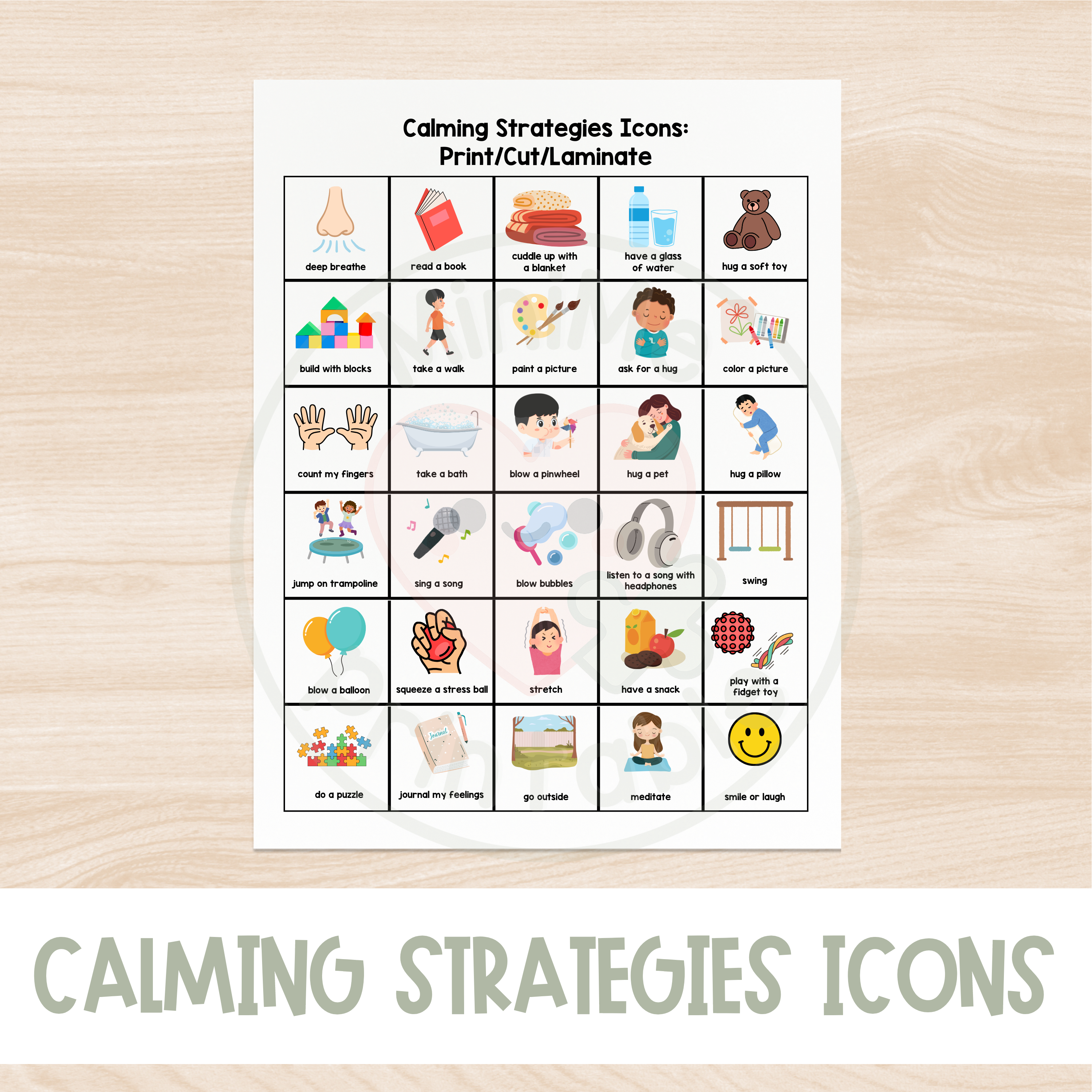 I need a Break Visual Support Chart with Calming Strategy Icons and Time Tracker 