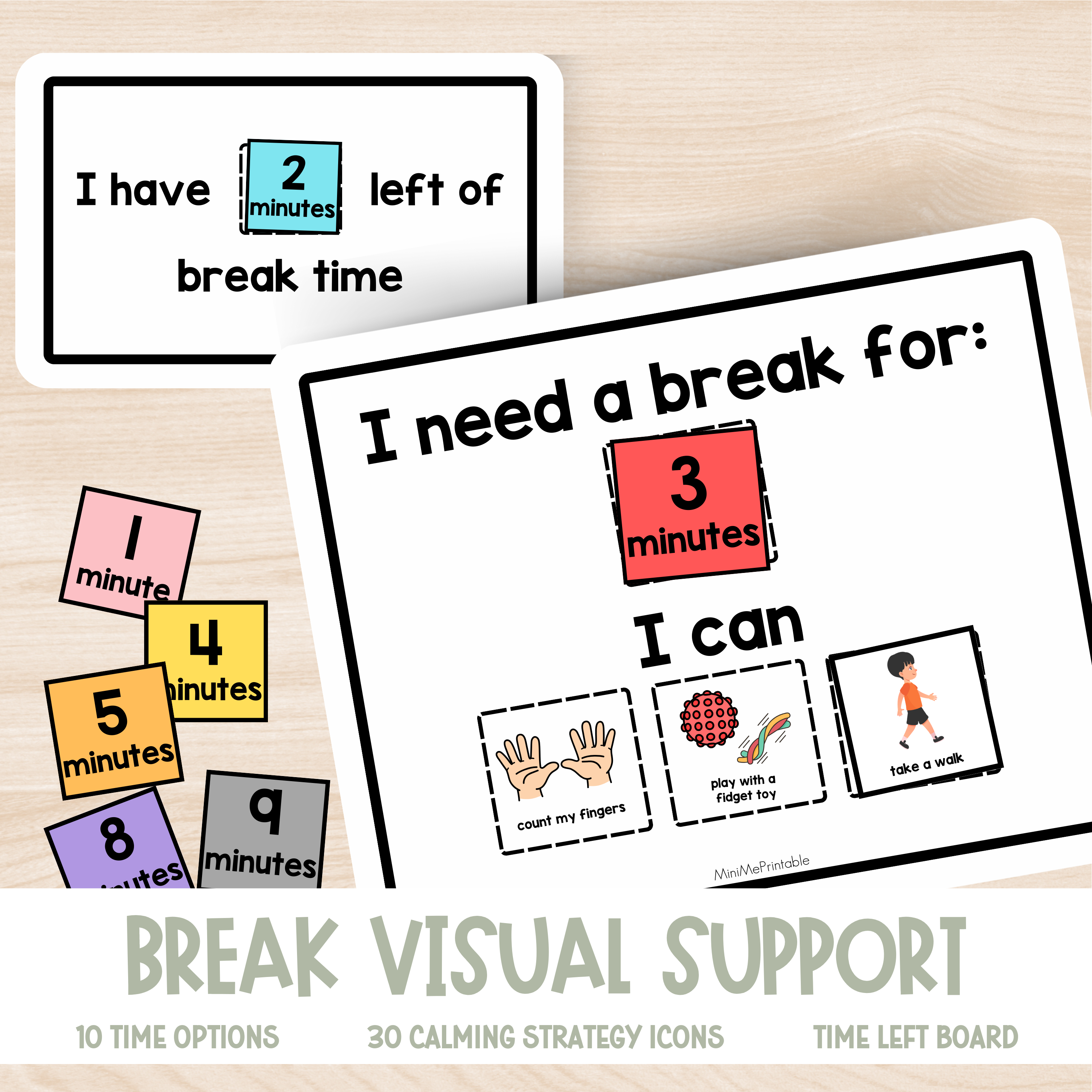 I need a Break Visual Support Chart with Calming Strategy Icons and Time Tracker 