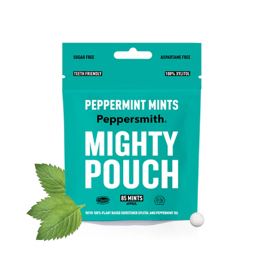 ENGLISH PEPPERMINT XYLITOL MINTS - 50G MIGHTY POUCH (MIN ORDER 6)