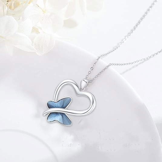 925% Sterling Silver Heart and Blue Butterfly Pendant Necklace