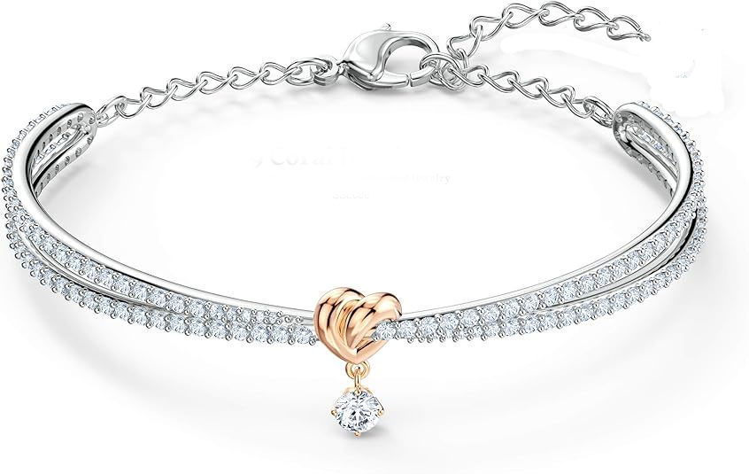 Romantic 925 Sterling Silver & Rose Gold Heart Bracelet with CZ Drop